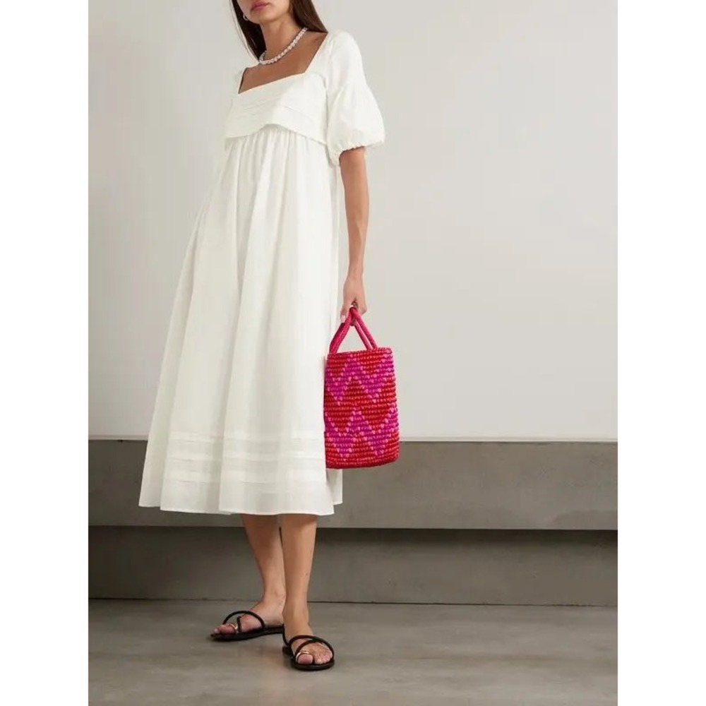 NWT $495 STAUD Darla Dress Ivory White Cotton Puff Sleeve Midi Square Neck  4